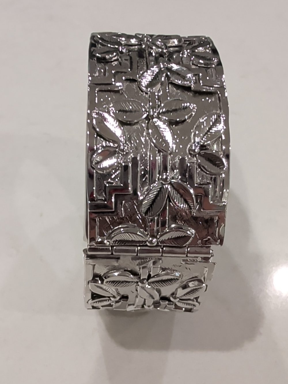 Polished Silver Floral Engraved Hinged Bracelet
